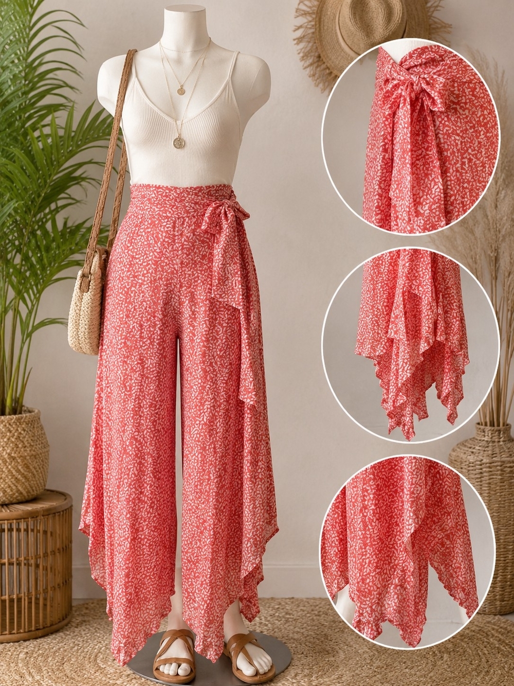 Kiwi Punch Coral Boho Resort Pants Medium Tie Waist Handkerchief Hem
